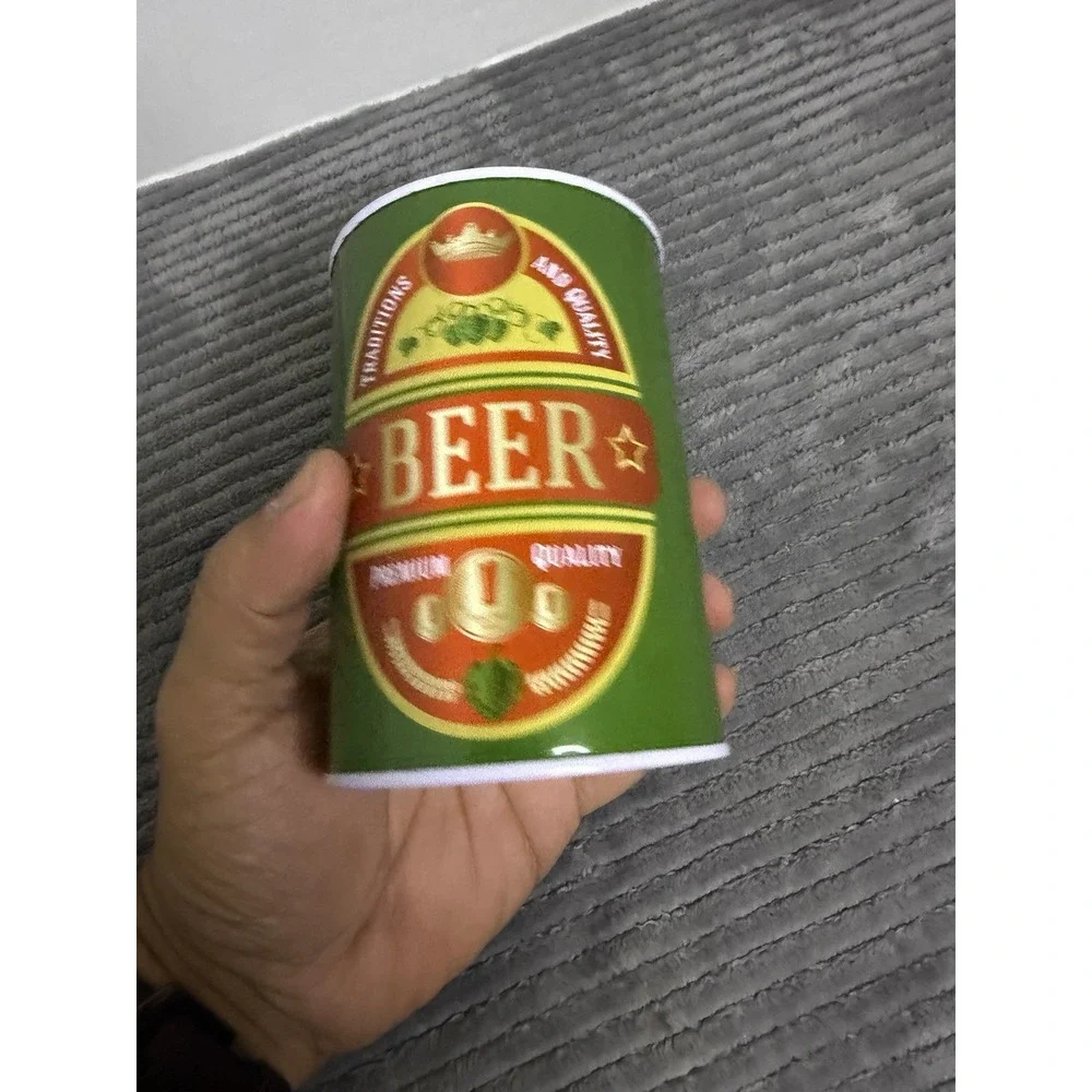 NWT Gift Beer Can Money Piggy Bank Aluminum Green Tan New